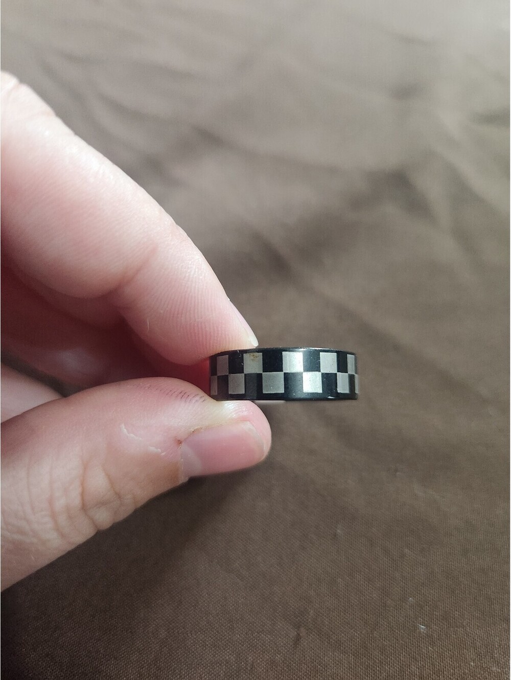 Checkered Black and Silver Stainless Steel Ring Size 20
